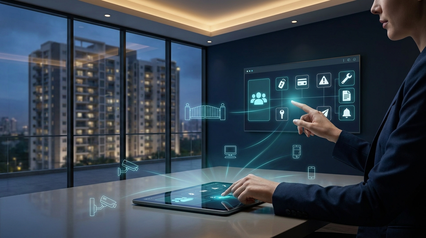 Administrador utilizando una plataforma digital conectada con la seguridad del condominio